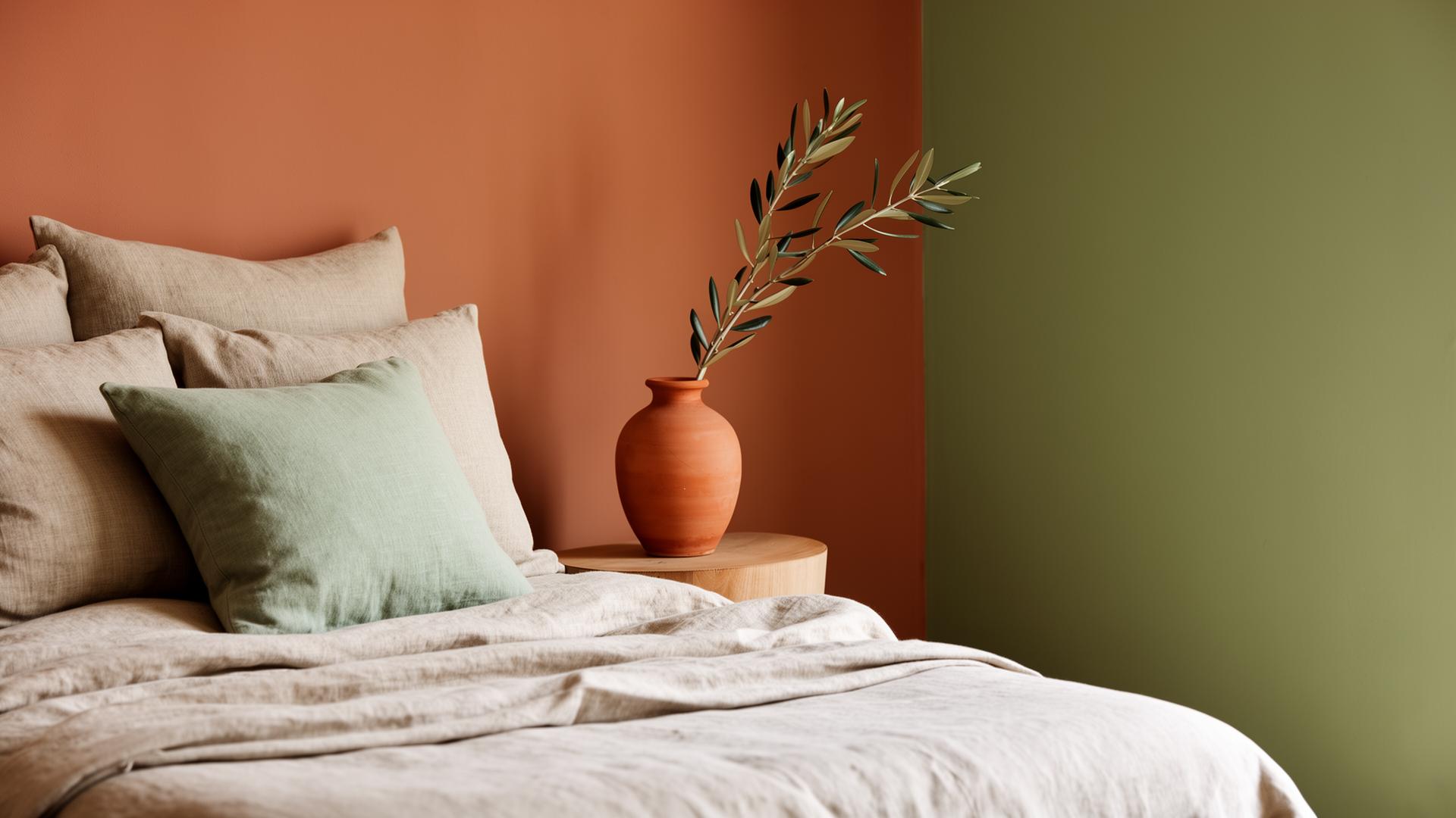 Calm serviced apartment bedroom with linen bedding